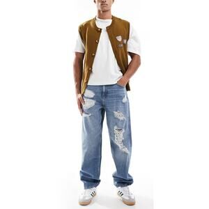 ASOS Design Baggy Jeans Heavy Rips Distressed Mid Wash Blue 100% Cotton W38 L34